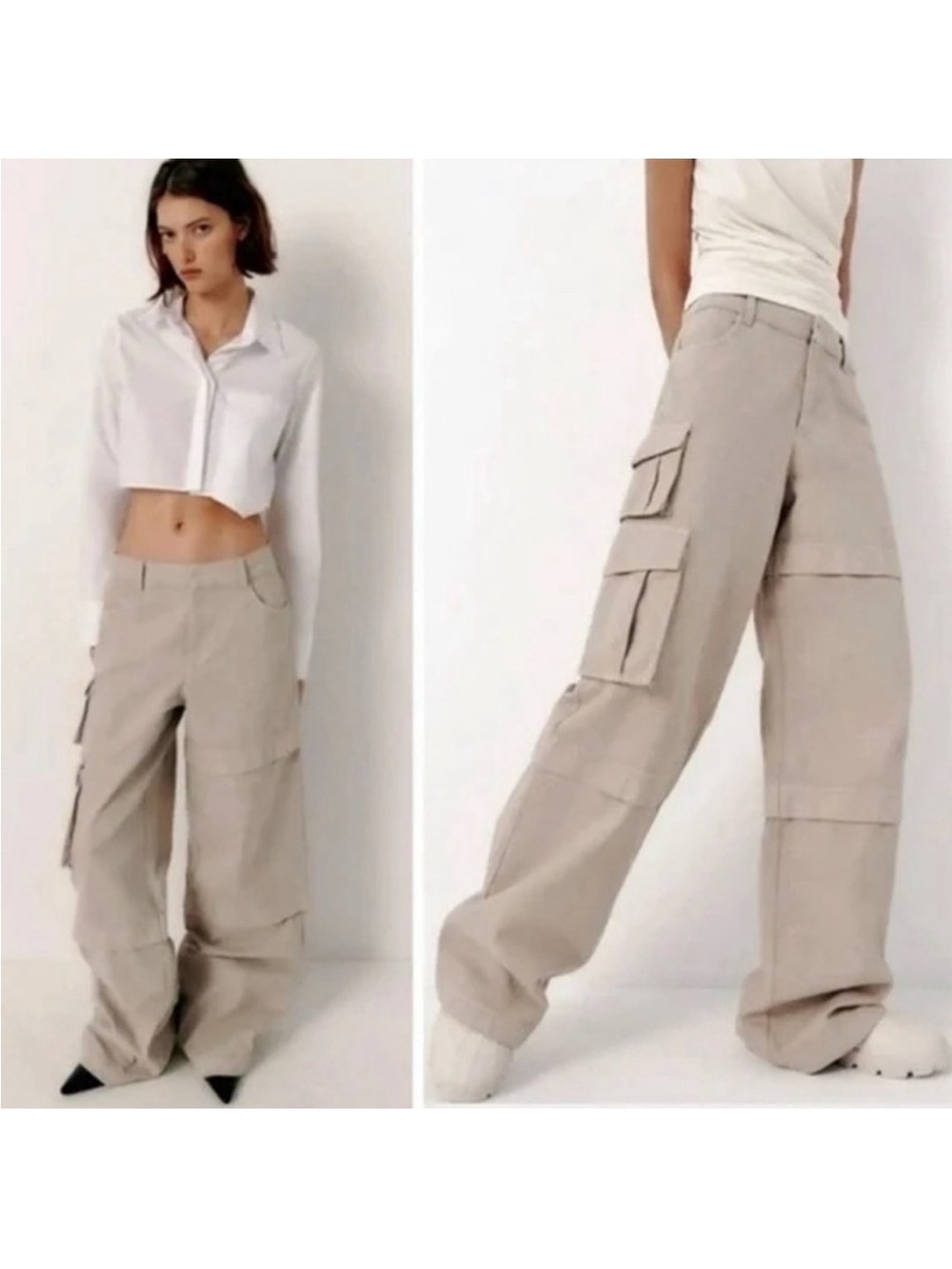 Zara Beige Wide-Leg Cargo Trousers